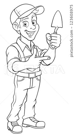 Brick Layer Mason Builder Cartoon Man Pointing Brick Layer Mason Builder Cartoon Man Pointing 123608975