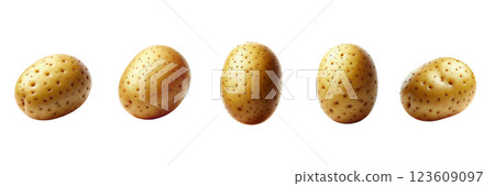 Fresh potatoes of varying sizes are arranged in a line against a simple background, highlighting their distinct textures and shapes under even lighting 123609097