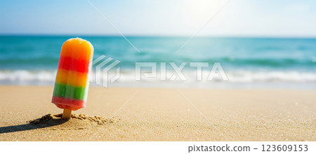 Colorful Ice Lolly in Sand With Ocean View 123609153