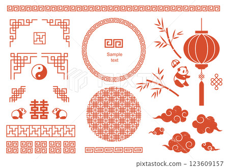 中國風格插畫素材集向量裝飾框架中國白色背景 123609157