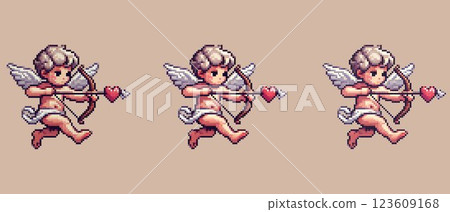 Pixel art of a cute cupid angel with heart-tipped arrow flying in the sky, symbolizing love and romance. Pixel art of a cute cupid angel with heart-tipped arrow flying in the sky, symbolizing love and romance. 123609168