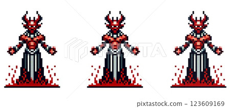 A pixelated image of Lucifer with a menacing appearance, in black and red armor, with fire around his legs, on a white background. A pixelated image of Lucifer with a menacing appearance, in black and red armor, with fire around his legs, on a white background. 123609169
