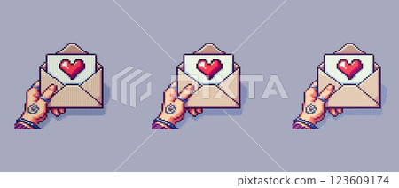 Pixel art of a hand holding an open envelope with a red heart inside on a light purple background for Valentine's Day. Pixel art of a hand holding an open envelope with a red heart inside on a light purple background for Valentine's Day. 123609174