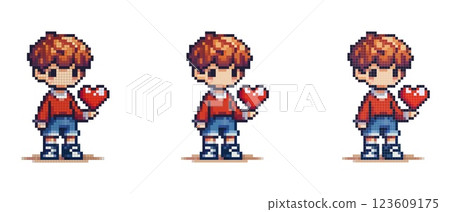Pixel art of a character with short brown hair, wearing a red sweater, blue shorts, and white sneakers, holding a red heart on a white background. Pixel art of a character with short brown hair, wearing a red sweater, blue shorts, and white sneakers, holding a red heart on a white background. 123609175