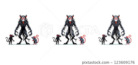 Pixel art depicting a menacing wererat with two smaller rats on either side creating a dark fantasy scene. Pixel art depicting a menacing wererat with two smaller rats on either side creating a dark fantasy scene. 123609176