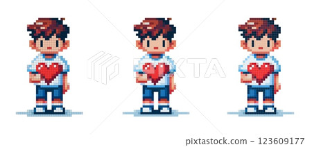Pixel art of a character with short brown hair, wearing a white t-shirt, blue shorts and white sneakers, holding a red heart. 123609177