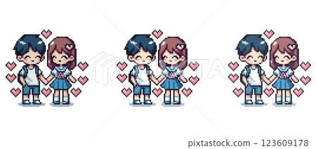Pixel art of a couple in love holding hands surrounded by pink hearts. Pixel art of a couple in love holding hands surrounded by pink hearts. 123609178