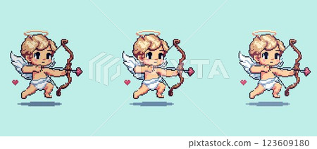 Pixel art of a cute cupid angel with heart-tipped arrow flying in the sky, symbolizing love and romance. 123609180