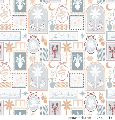 Patchwork vector tropical pattern featuring silhouettes of arches and frames, palm trees, hibiscus, palm leaves, leopards, and elegant vintage vases. Includes whimsical elements and bow 123609213