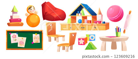 Kindergarten items with toys and wooden furniture 123609216