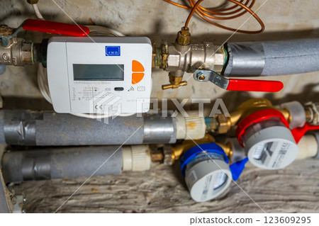 Smart water and heat meters with remote data transmission installed in a European utility system. The concept represents modern energy efficiency and digital infrastructure development 123609295