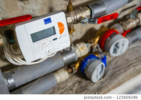 Smart water and heat meters with remote data transmission installed in a European utility system. The concept represents modern energy efficiency and digital infrastructure development 123609296