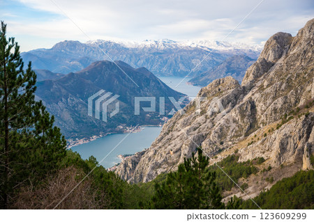 Panoramic view of Kotor Bay Boca and mountains from mountain view point in Montenegro in winter time 123609299
