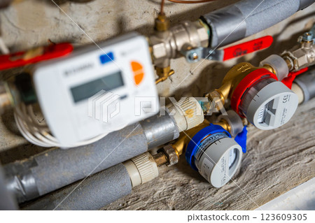 Smart water and heat meters with remote data transmission installed in a European utility system. The concept represents modern energy efficiency and digital infrastructure development Smart water and heat meters with remote data transmission installed in a European utility system. The concept represents modern energy efficiency and digital infrastructure development 123609305