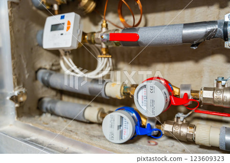 Smart water and heat meters with remote data transmission installed in a European utility system. The concept represents modern energy efficiency and digital infrastructure development 123609323