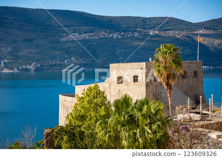 Ancient fortress with a Montenegrin flag overlooking the Adriatic Sea in Herceg Novi. Stone walls contrast with lush palm trees and blue waters, creating a picturesque landscape Ancient fortress with a Montenegrin flag overlooking the Adriatic Sea in Herceg Novi. Stone walls contrast with lush palm trees and blue waters, creating a picturesque landscape 123609326