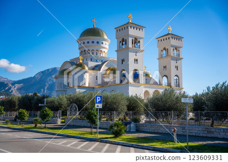 Orthodox Cathedral Church of St. Jovan Vladimir in white and gold colors in Bar, Montenegro. Orthodox Cathedral Church of St. Jovan Vladimir in white and gold colors in Bar, Montenegro. 123609331