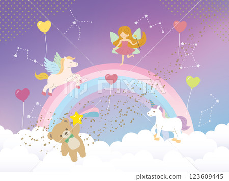 夢幻可愛的雲層之上的童話插畫素材 123609445