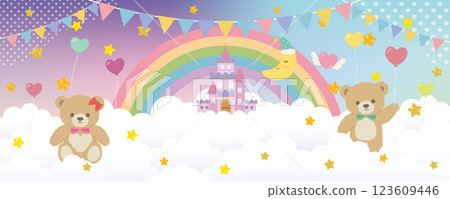 夢幻可愛的雲層之上的童話插畫素材 123609446