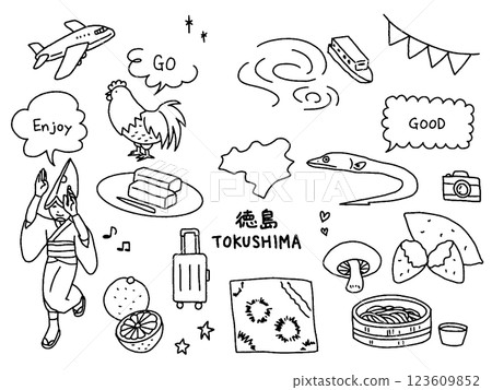 Tokushima hand-drawn illustration set 123609852