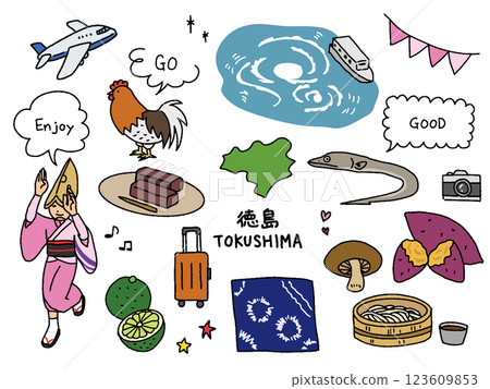 Tokushima hand-drawn illustration set 123609853