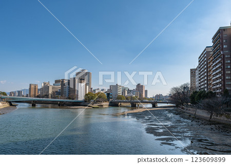 View of Kyobashicho area near the south exit of Hiroshima Station from Tokiwa Bridge 123609899