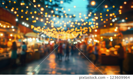 Blurry image of a festival with various market stalls and people walking around. Ai generated. 123609964