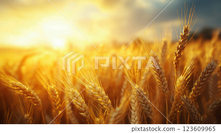 Close up a golden wheat field in full bloom in sunset. Harvest concept. Ai generated. 123609965