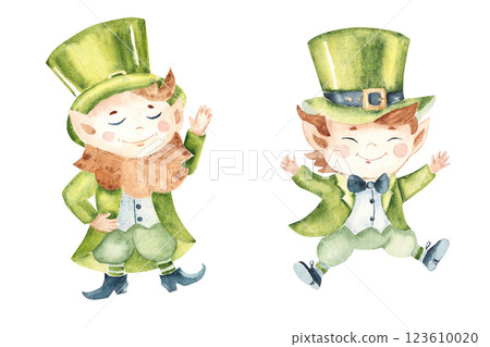 Cute Leprechaun set. Lucky dwarf Elf in a traditional green Hat and Costume in cartoon style. Hand drawn Watercolor illustration isolated on a white background. For St. Patrick's Day, Irish holidays 123610020