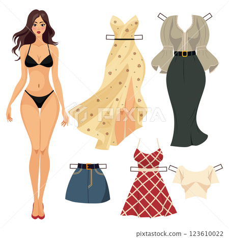paper doll with clothes set. long dress, checkered dress, blouse with long skirt, t-shirt and denim short skirt. vector illustration 123610022