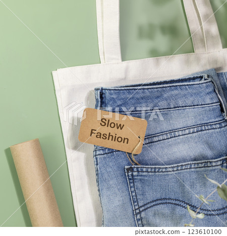 Slow fashion composition with jeans with craft label with text Slow fashion, textile bag and packing paper. Slow fashion, casual clothes store, shopping, sale and denim shop concept Slow fashion composition with jeans with craft label with text Slow fashion, textile bag and packing paper. Slow fashion, casual clothes store, shopping, sale and denim shop concept 123610100