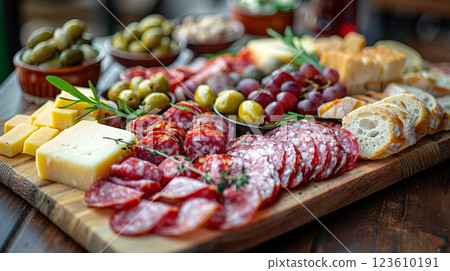 Elegant charcuterie board in a chic restaurant, featuring cured meats, cheeses, olives, and nuts, with small bowls of mustard and pickles 123610191
