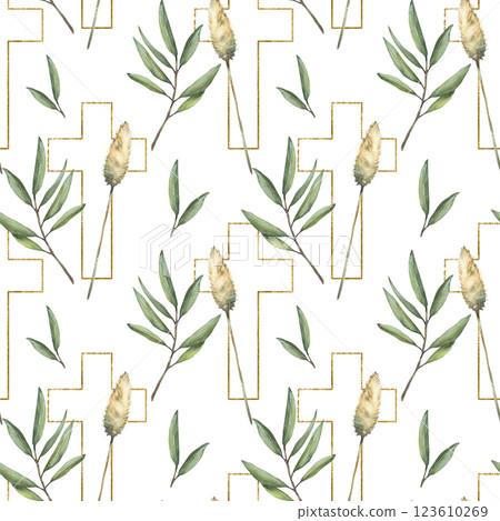 Golden Cross with olive tree branch and Pampas grass seamless pattern. Watercolor painted illustration Gold cross with green twig, dry herbs. Clipart for baptism, Easter on Isolated white background Golden Cross with olive tree branch and Pampas grass seamless pattern. Watercolor painted illustration Gold cross with green twig, dry herbs. Clipart for baptism, Easter on Isolated white background 123610269