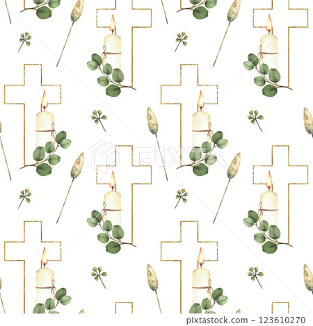 Golden Cross with a white burning candle and green eucalyptus branch seamless pattern Watercolor religious painted illustration. Religious church design for baptism fabric on Isolated white background Golden Cross with a white burning candle and green eucalyptus branch seamless pattern Watercolor religious painted illustration. Religious church design for baptism fabric on Isolated white background 123610270