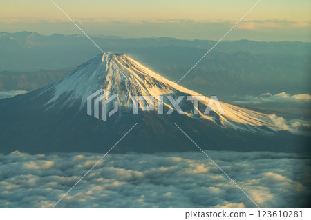 Beautiful Mount Fuji illuminated by the morning sun seen from above (aerial view) 123610281