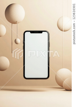 Smartphone mockup with blank white screen floating in the air surrounded by abstract geometric shapes on beige background 123610301