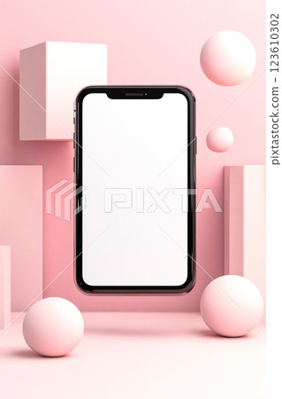 Smartphone mockup with blank white screen floating in the air surrounded by abstract geometric shapes on muted pink background with smooth lighting and shadows 123610302