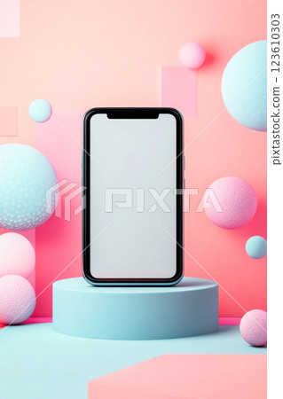 Mockup of phone with a blank white screen on a round podium surrounded by geometric shapes in pastel colors. Perfect for stylish promotions and offers 123610303