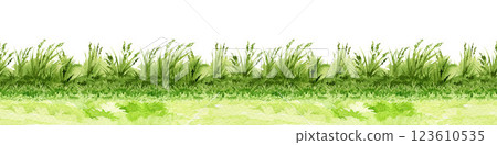 Fresh green grass seamless border element watercolor illustration. Fresh grass countryside meadow, lawn, field landscape element isolated on white background 123610535
