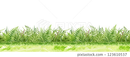 Fresh green grass seamless border element watercolor illustration. Fresh grass countryside meadow, lawn, field, farm landscape element isolated on white background 123610537