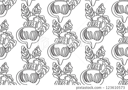 Line art seamless pattern with beets plants vector illustration. Hand drawn outline repeating vegetables pattern background. Graphic design for Cover Coloring Book Textile Fashion Print Birthday Card 123610573