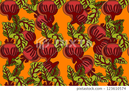 Botanical abstract seamless pattern with juicy beets vector illustration. Colorful vegetables repeating cartoon pattern in orange color background. Graphic design for Fashion Cover Textile Print Card 123610574