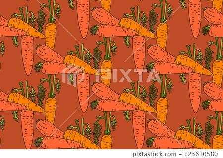 Botanical abstract seamless pattern with juicy carrots vector illustration.Colorful vegetables repeating cartoon pattern in orange color background. Graphic design for Fashion Cover Textile Print Card 123610580