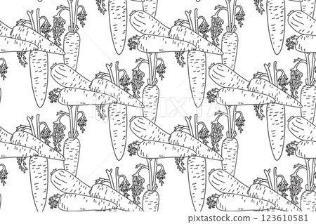 Line art seamless pattern with carrots plants vector illustration. Hand drawn outline repeating vegetables pattern background. Graphic design for Cover Coloring Book Textile Fashion Print Birthday Line art seamless pattern with carrots plants vector illustration. Hand drawn outline repeating vegetables pattern background. Graphic design for Cover Coloring Book Textile Fashion Print Birthday 123610581