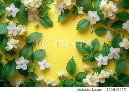 delicate white jasmine flowers with green leaves arranged on a vibrant yellow background 123610655