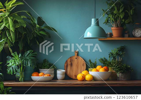 A stylish kitchen counter with fresh citrus fruits in white bowls, wooden shelves with potted plants A stylish kitchen counter with fresh citrus fruits in white bowls, wooden shelves with potted plants 123610657