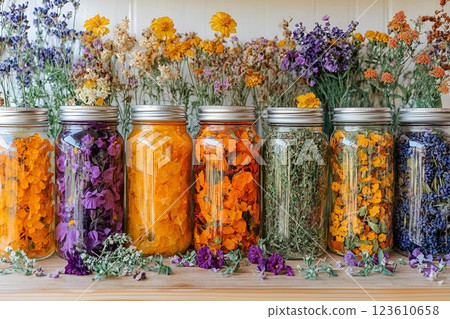 jars filled with dried flowers and herbs arranged on a wooden table with colorful blossoms in the background 123610658