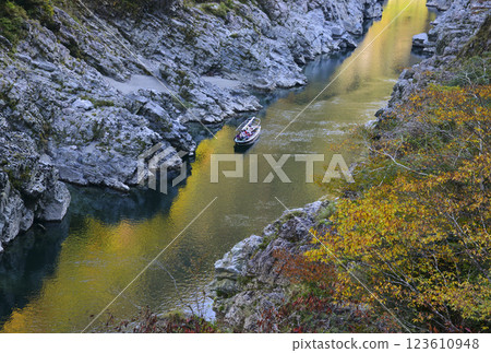 搭乘觀光船遊覽大步危峽谷，欣賞美麗的秋葉 123610948