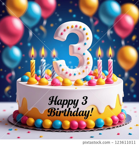 Birthday cake with number 3 on colorful bunting. 123611011