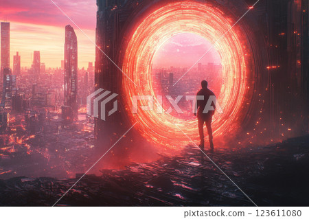 Man standing before glowing energy portal in futuristic city Man standing before glowing energy portal in futuristic city 123611080